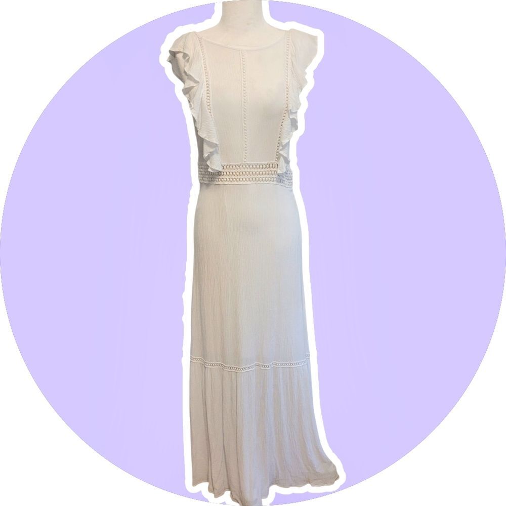 Lace detailed White Ruffle Maxi Dress, size S